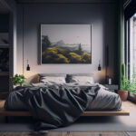Modern apartment bedroom, comfortable bed near window ,generative AI
